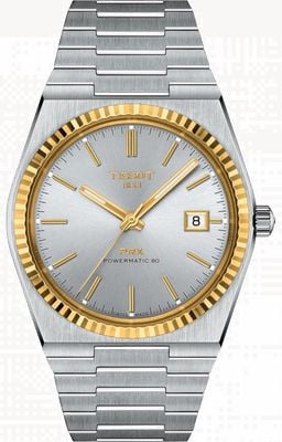 Tissot PRX Powermatic 80 – Lünette aus 18-karätigem Gelbgold (40 mm), silbernes Zifferblatt / Edelstahlarmband T9314074103101