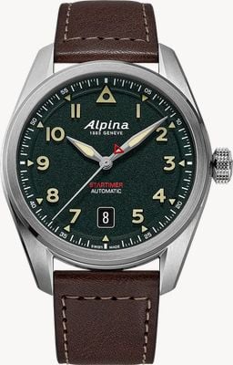Alpina Startimer Pilot automático (40mm) esfera verde texturizada / correa de cuero marrón oscuro AL-525KW4S36