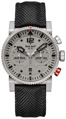 Hanhart Primus monochromer Piloten-Chronograph mit Automatikfunktion (44 mm), graues Zifferblatt / schwarzes Textilarmband – M 740.240-3020