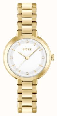 BOSS Sena-damesband (34 mm) met witte wijzerplaat en goudkleurige roestvrijstalen armband 1502758