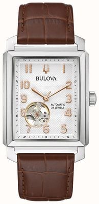 Bulova Sutton automatique pour hommes | cadran argenté | bracelet en cuir marron 96A268
