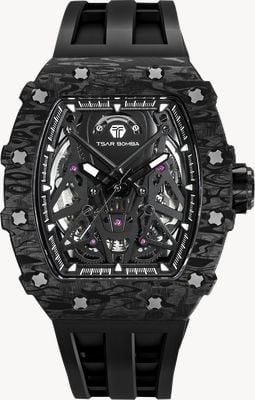 TSAR BOMBA Série Elemental, fibra de carbono, automático (43,5 mm), mostrador preto esqueleto / pulseira de silicone preta TB8207CF-01