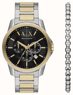 Armani Exchange Cadeauset voor heren (44 mm) zwarte wijzerplaat / tweekleurige armband met bijpassende armband AX7148SET