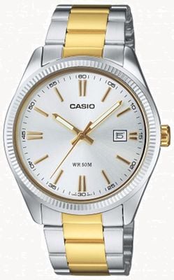 Casio Montre analogique à quartz série MTP (38,5 mm) avec cadran argenté soleillé et bracelet en acier inoxydable bicolore MTP-1302PSG-7AVEF