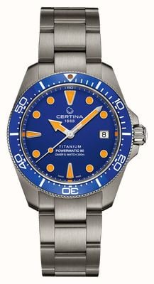 Certina DS Action Diver Powermatic 80 (38 mm) met blauwe wijzerplaat en titanium band. C0488074404100
