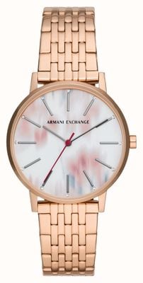 Armani Exchange Feminino | mostrador rosa e branco | pulseira de aço inoxidável de ouro rosa AX5589