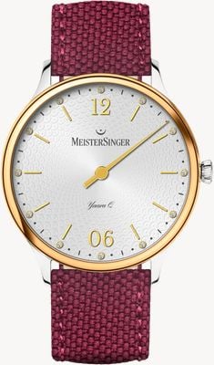 MeisterSinger Yaara Q (36mm) Silver Patterned Dial / Wine Red Textile Strap Watch YAQ901GD