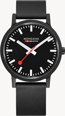 Mondaine Essence Quartz schwarzes Naturkautschukarmband schwarzes Zifferblatt MS1.41120.RB