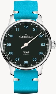 MeisterSinger Special nr. 03 (38mm) zwarte wijzerplaat / blauwe leren band S-BM9902B