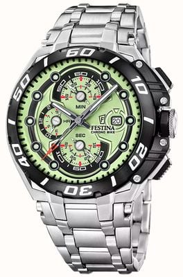 Festina Relógio cronógrafo Bike 2026 (46 mm) com mostrador verde e pulseira de aço inoxidável. F20754/3