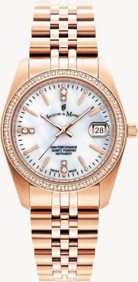 Jacques Du Manoir Esfera de nácar blanco con cristales Inspiration (36 mm) / brazalete de acero inoxidable en tono oro rosa JWG03401