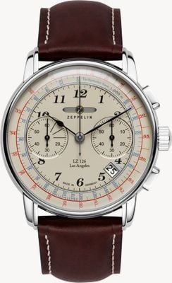 Zeppelin Cronógrafo de quartzo Lz 126 Los Angeles (42 mm) com mostrador bege e pulseira de couro marrom. 7614-5
