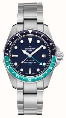 Certina DS Action GMT Powermatic 80 (41 mm) diepblauwe wijzerplaat / roestvrijstalen armband C0329291104101