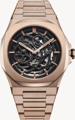 D1 Milano Meccanico in oro rosa (41,5 mm) con quadrante scheletrato nero / bracciale in acciaio inossidabile PVD oro rosa SKBJ12