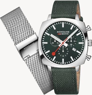 Mondaine Cronografo Sbb grand cushion (41mm) quadrante verde / set tessuto riciclato verde e rete in acciaio MSL.41460.LF.SET