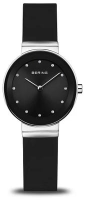 Bering Damenuhr klassisch (29 mm) mit schwarzem Zifferblatt / schwarzem Silikonarmband 10129-402