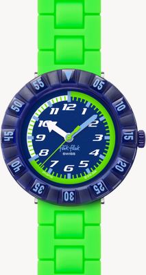 Flik Flak Neonbrick (36,70 mm) cadran bleu / bracelet en silicone vert fluo FCSP132
