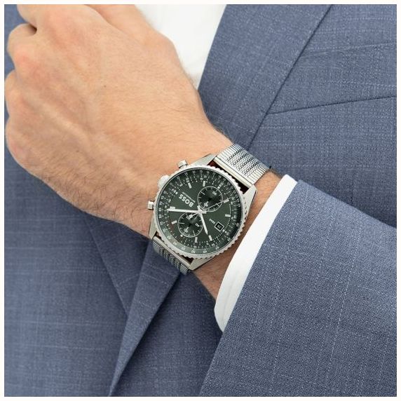 BOSS Mens Skytraveller Chronograph Green Dial Mesh Bracelet BOSS Watch 1514347 - vista alternativa 5