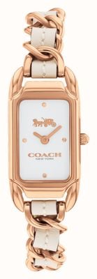 Coach Cadie para mujer con esfera rectangular blanca y pulsera de cuero blanco y acero inoxidable en oro rosa 14504283
