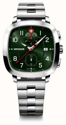 Wenger Męski sportowy chronograf w stylu vintage (40 mm) z zieloną tarczą i bransoletą ze stali nierdzewnej 01.1933.112