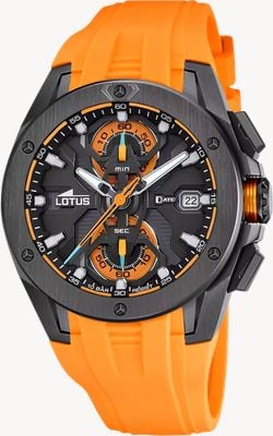Lotus Vortex Quartz Chronograph (44mm) Black & Orange Dial / Orange Rubber Strap L18943/3