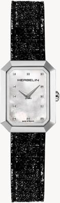 Herbelin Damen-Octagon-Zifferblatt (20,4 mm) aus Perlmutt / schwarzes glitzerndes Lederarmband 17446AP19