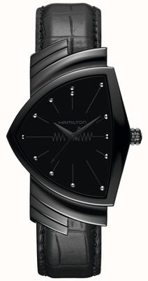 Hamilton Quartzo Ventura (32 mm) mostrador preto / pulseira de couro preta H24401731
