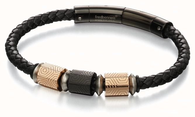 Fred Bennett Rose Gold IP Stainless Steel Black Leather Bracelet B4982