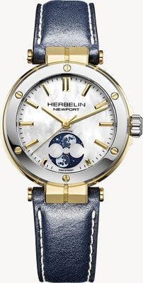 Herbelin Newport automatisch horloge met maanfase (35 mm) wijzerplaat van parelmoer / blauwe leren band 2879T1N19BL