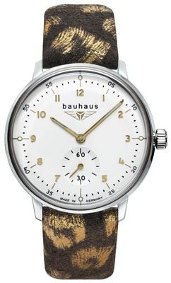 Bauhaus Klassieke kleine seconde quartz (35mm) witte wijzerplaat / luipaardprint leren band 20371