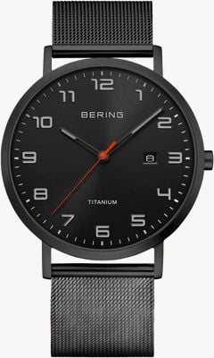 Bering Zegarek kwartzowy z tytanu (40mm) czarna tarcza z promieniami słońca / czarna bransoleta mesh milanaise 18640-122