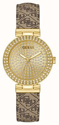 Guess Cristal Ivy (32 mm), mostrador dourado com efeito raios de sol / pulseira de couro marrom com estampa quattro 'g' GW0943L2