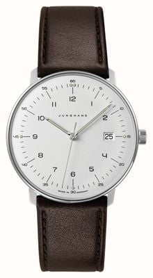 Junghans Męski zegarek kwarcowy max bill z białą tarczą i brązową skórą 41/4461.02