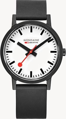 Mondaine Essence quartz zwarte natuurlijke rubberen band witte wijzerplaat MS1.41110.RB