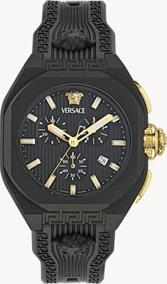 Versace Herren V-Legend Chrono (44 mm) schwarzes Chronographen-Zifferblatt / schwarzes Armband aus biobasiertem TPU VE9L00124