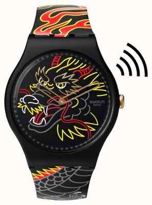 Swatch Dragon dans le vent, payez ! (41 mm) cadran à motifs noir / bracelet en silicone noir SO29Z137-5300