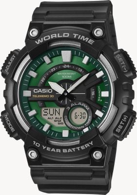 Casio Telememo 30 Weltzeit-Multifunktionsuhr (48,2 mm) grünes Zifferblatt / Gehäuseboden aus Kunstharz AEQ-110W-3A2VEF