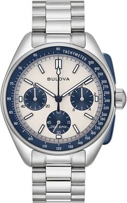 Bulova Lunar Pilot Heritage Chronograph (43,5 mm) weißes Zifferblatt / Edelstahl + blaues Lederarmband-Set 98K112