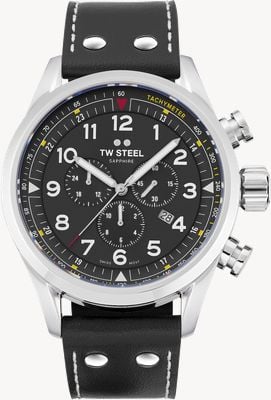 TW Steel Chronographe volante suisse (48 mm) cadran noir satiné / bracelet en cuir de veau italien lisse noir SVS202