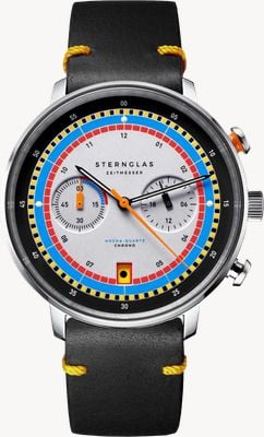 STERNGLAS Cronógrafo de regata de cuarzo mecánico de Hamburgo (42 mm) esfera plateada / correa de cuero vintage de color amarillo nero S01-HC36-VI22