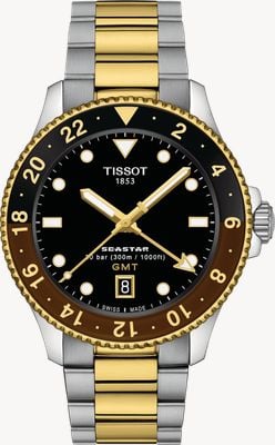 Tissot Seastar 1000 クォーツ GMT (40mm) ブラックダイアル / ツートーン ステンレススチール ブレスレット ウォッチ T1208522205100