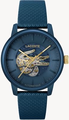 Lacoste Herrenuhr 12.12 Automatik (44 mm) mit blauem Zifferblatt mit offenem Herzen / blauem Lederarmband 2011385