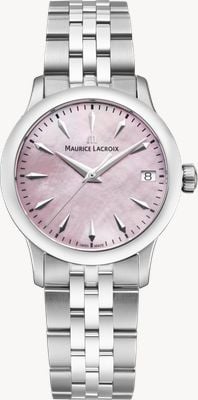 Maurice Lacroix Quartz horloge uit 1975 (33 mm) met roze parelmoeren wijzerplaat en roestvrijstalen armband. 751006-SS002-560-1