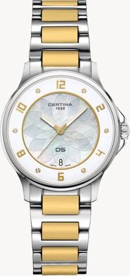 Certina Reloj de cuarzo para dama DS-6 (35 mm), esfera de nácar y brazalete de acero inoxidable de dos tonos. C0392511211600
