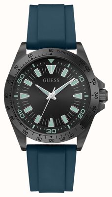 Guess Neo com três ponteiros, quartzo (42 mm), mostrador preto com efeito raios de sol / pulseira de borracha turquesa. GW1065G3