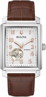 Bulova Sutton Open-Heart Automatic (33 x 49mm) Textured Silver Dial / Brown Leather Strap Watch 96A268