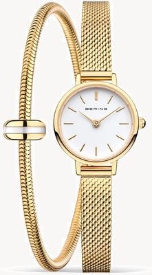 Bering Klassisches Geschenkset für Damen (22 mm) weißes Zifferblatt / goldfarbenes Edelstahl-Mesh-Armband 11022-334-LOVELY-1-GWP190