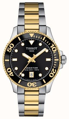 Tissot Seastar 1000 (36 mm) zwarte wijzerplaat / tweekleurige roestvrijstalen armband T1202102205100