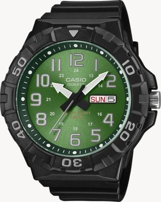 Casio Mouvement à quartz jour/date (52,6 mm), cadran vert soleillé, bracelet en résine noire MRW-210H-3BVEF
