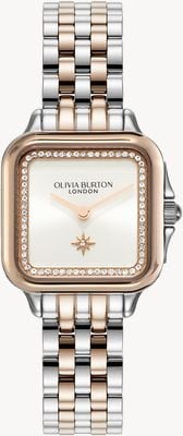 Olivia Burton Grosvenor (28 mm) weißes quadratisches Zifferblatt / zweifarbiges Edelstahlarmband 24000125